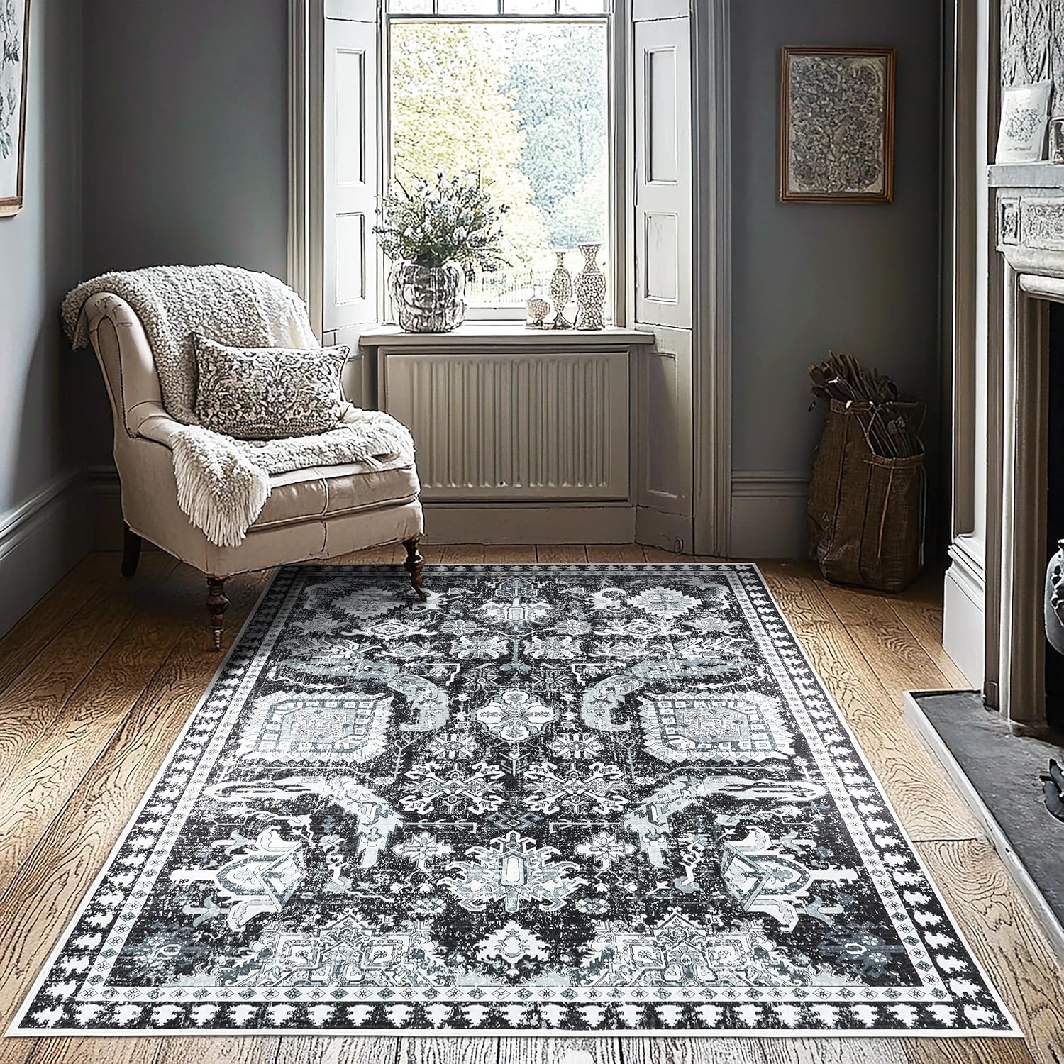 Boho Black White Area Rug